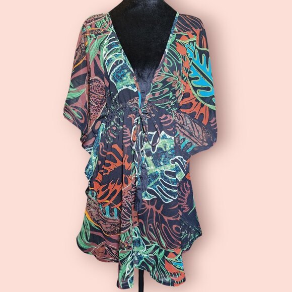 Violet Sky tropical jungle rainforest leaf print swimsuit cover-up kimono size M - Picture 1 of 5